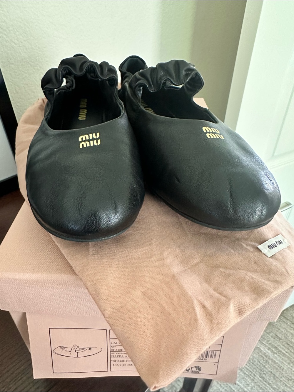Miu Miu Black Ballet Ballerina Flats with Gold Logo Accent - Picture 8 of 10